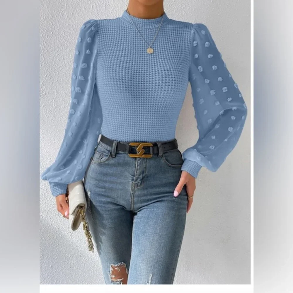 Swiss Dot Lantern Sleeve Mock Neck Top Light Blue